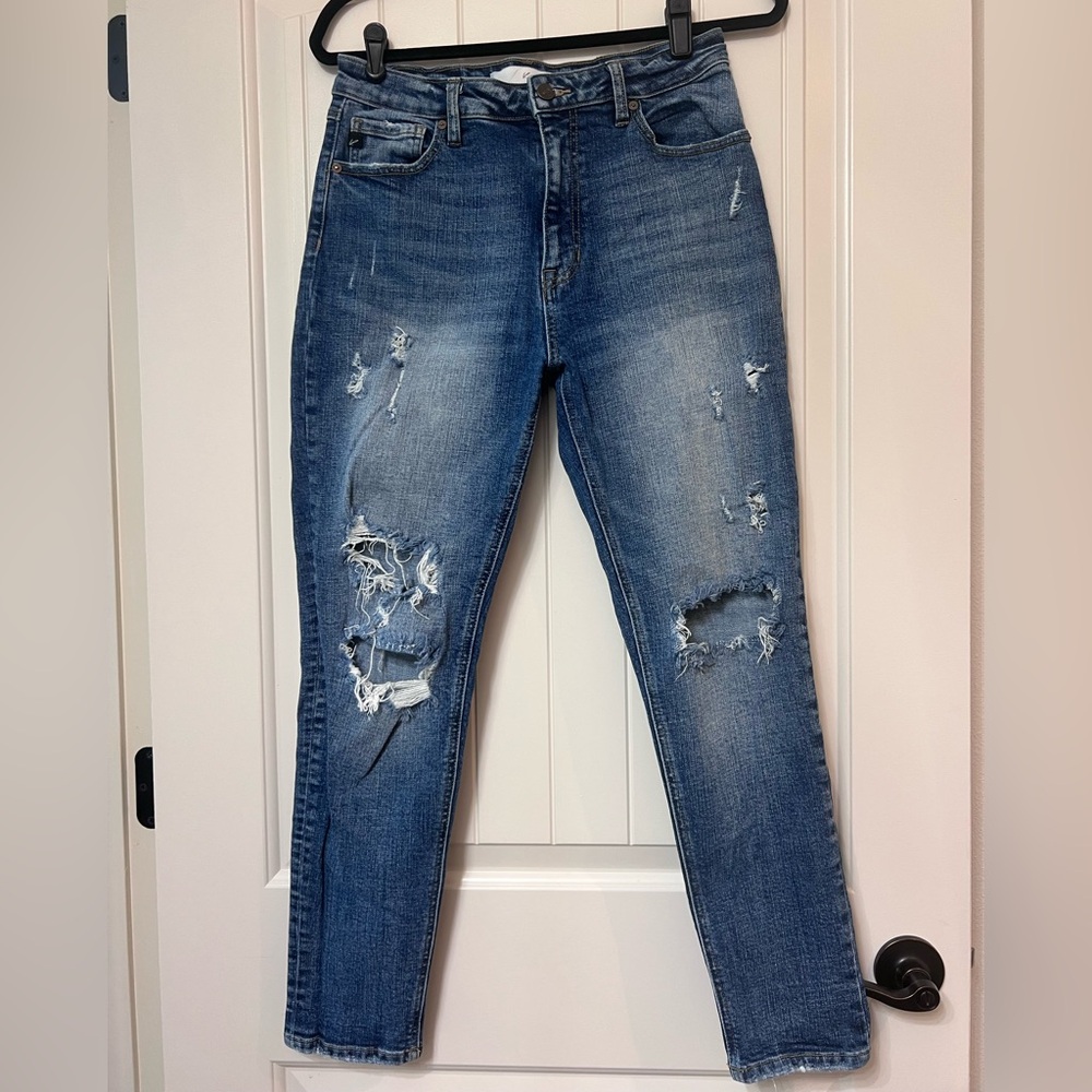 KANCAN, hi rise destructed skinny jeans, dark wash size , 9